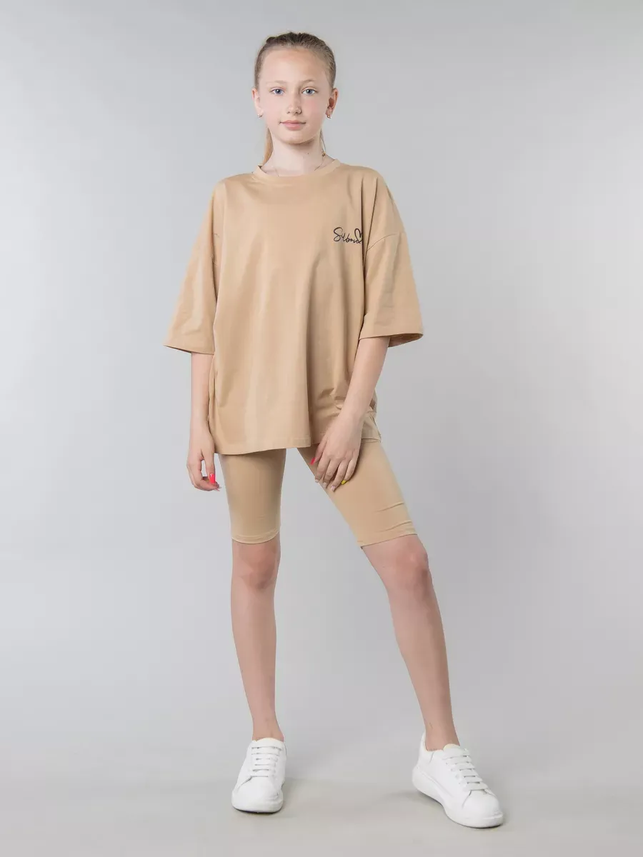 Костюм футболка с велосипедками бежевый; песочный Jeestyle
